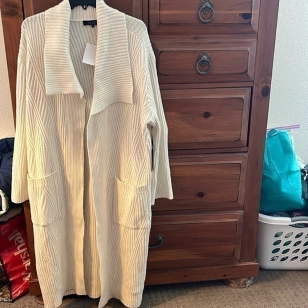 Rachel Roy Women’s Cream Midi Long Cardigan With Pockets Size 1X NWOT